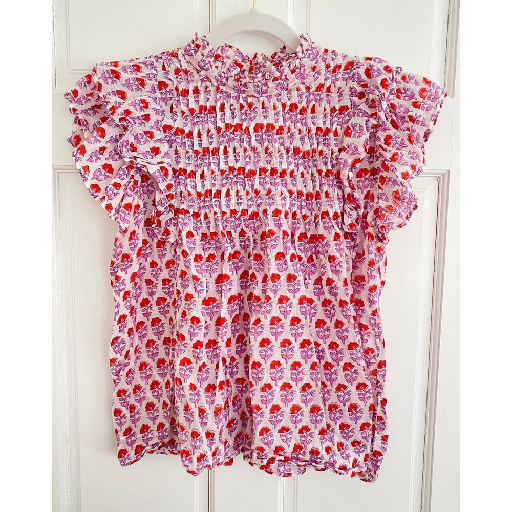 Oliphant Pintuck Ruffle Blouse Top Cotton Floral Pink Block Print Tuckernuck - Picture 3 of 7